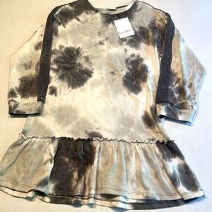 Love Fire Dress M Medium Gray White Tie Dye Crochet Sleeve‎ Ruffle Hem